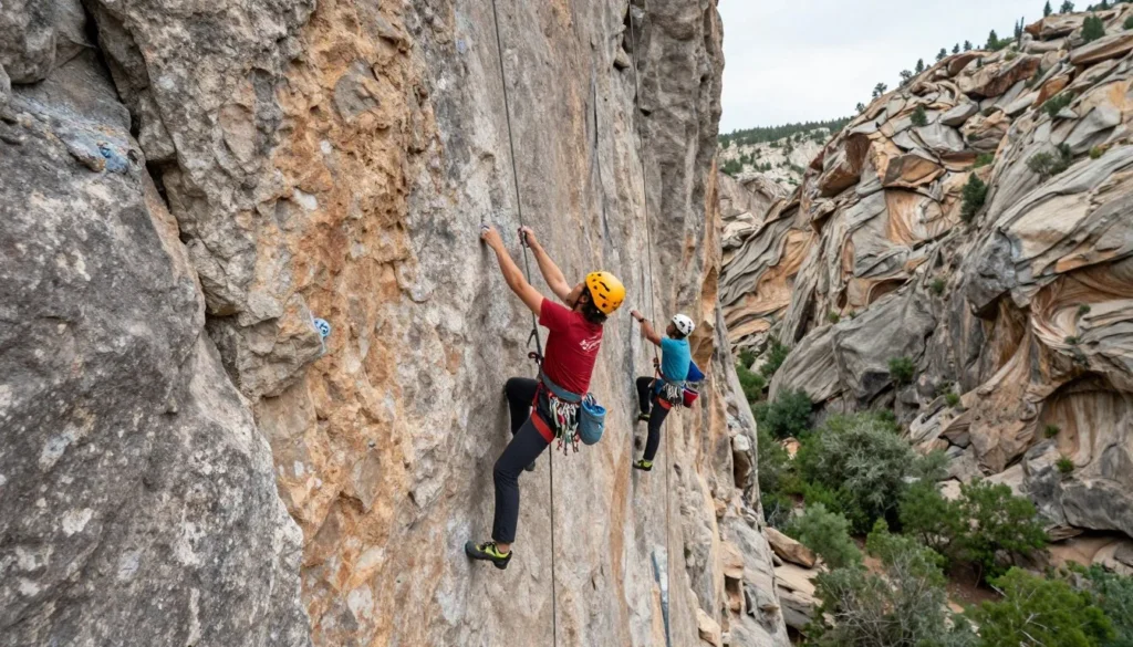 Rock climbers on limestone cliff face in Bear River Range canyon