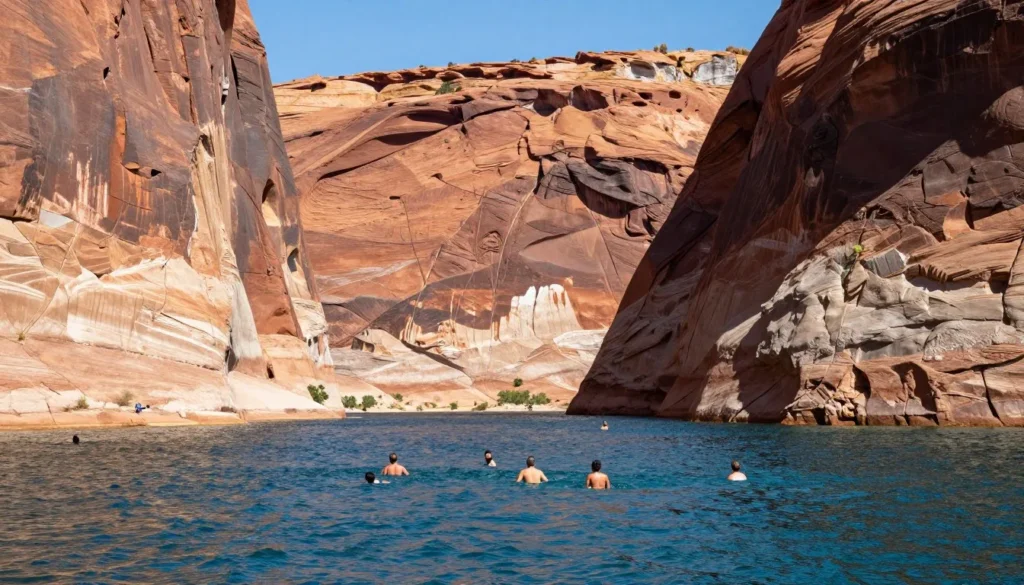 Rock formations at Lake Pueblo State Park with swimmers Rock formations at Lake Pueblo State Park with swimmers