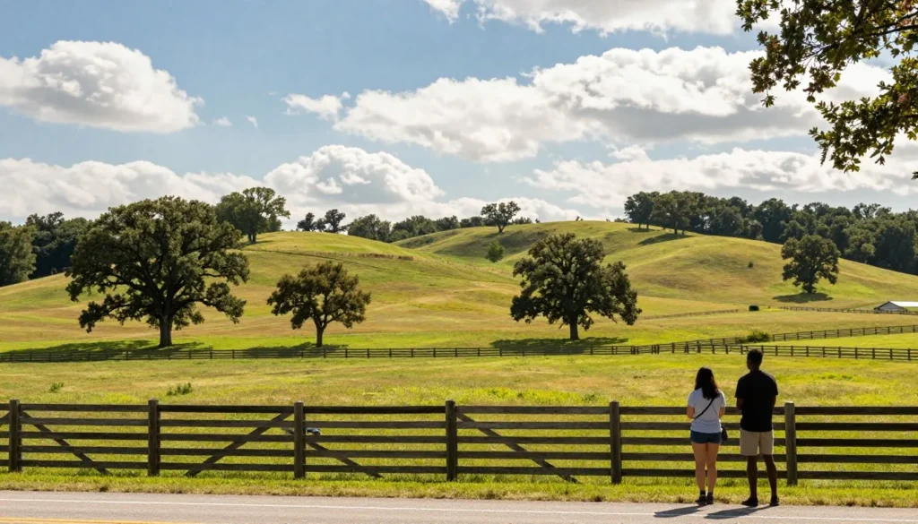 Rolling hills and pastoral countryside of middle Tennessee with green fields and scattered trees under blue sky