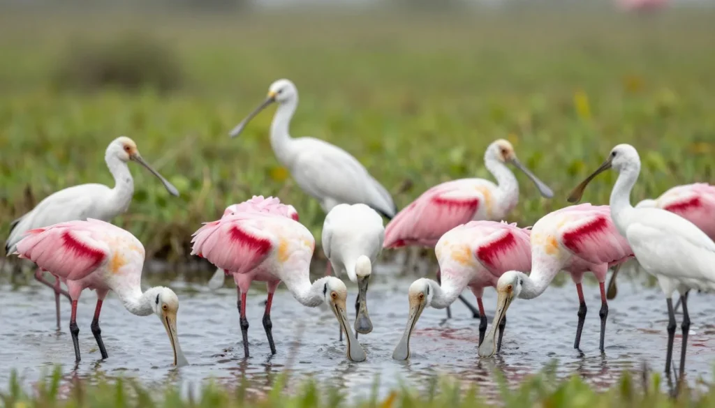 Roseate spoonbills and white ibis feeding in marsh Roseate spoonbills and white ibis feeding in marsh