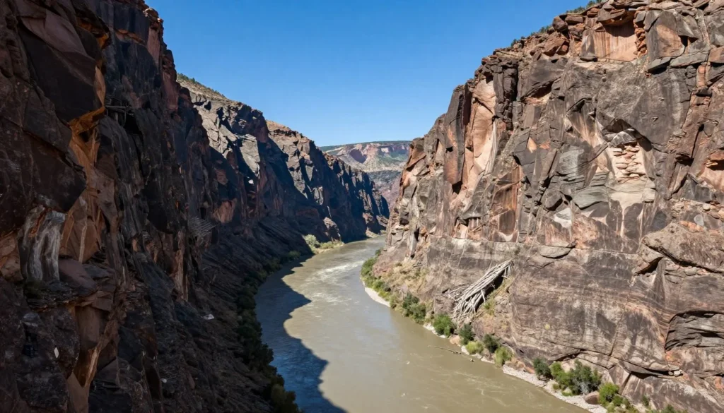 Royal Gorge canyon with Arkansas River flowing below Royal Gorge canyon with Arkansas River flowing below