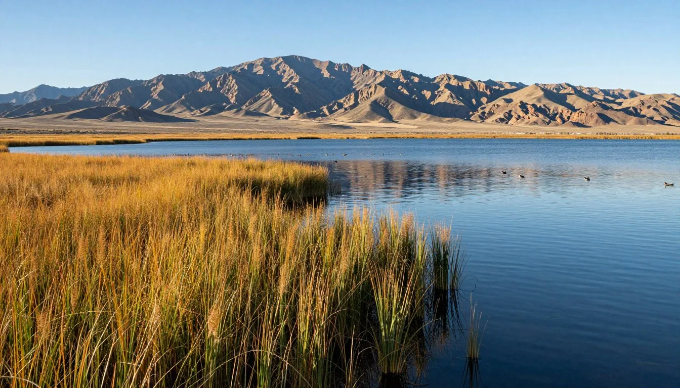 Ruby Lake National Wildlife Refuge Nevada wetlands with marsh grasses and mountain backdrop