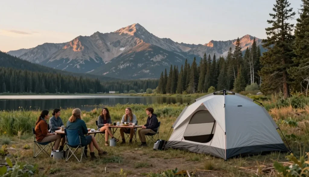 Ruby Lake camping area with mountain backdrop