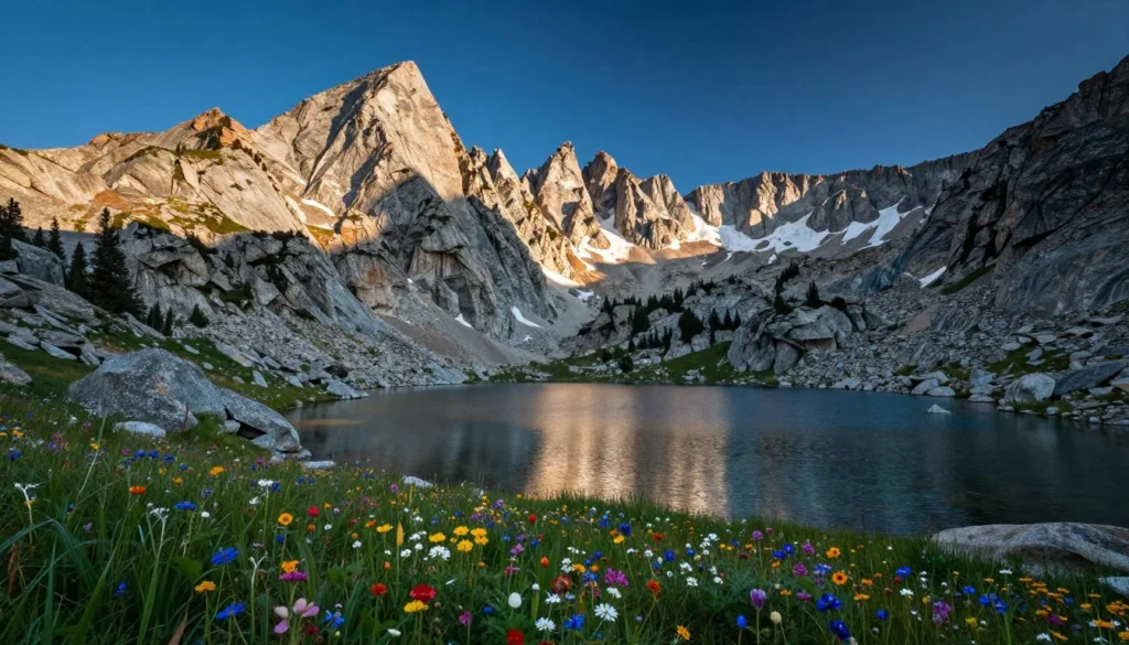 Ruby Mountains alpine landscape with turquoise lake, rocky peaks, and wildflower meadows on sunny day
