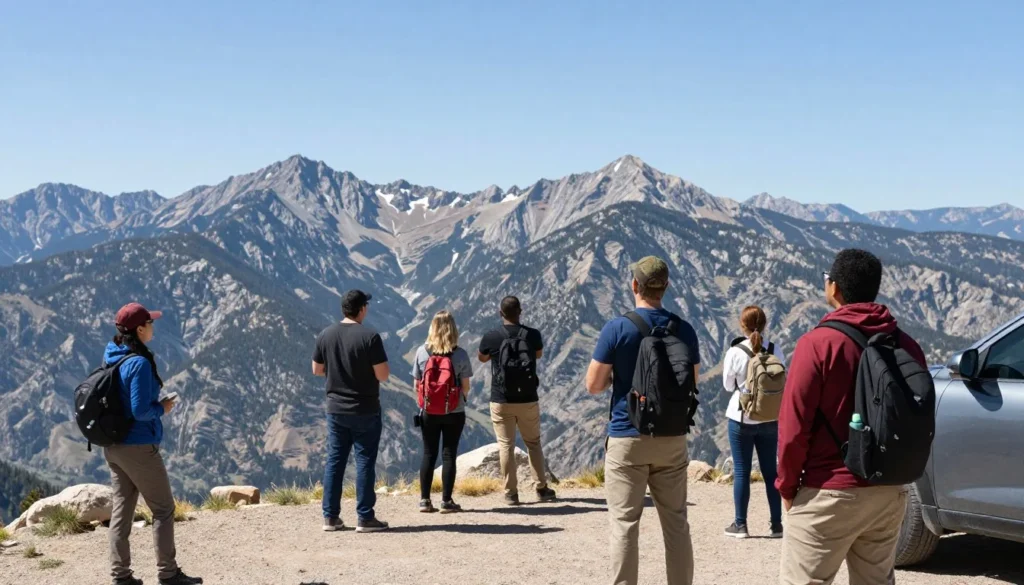 Ruby Mountains rising above Great Basin Desert valley with diverse group of travelers viewing the landscape from roadside overlook