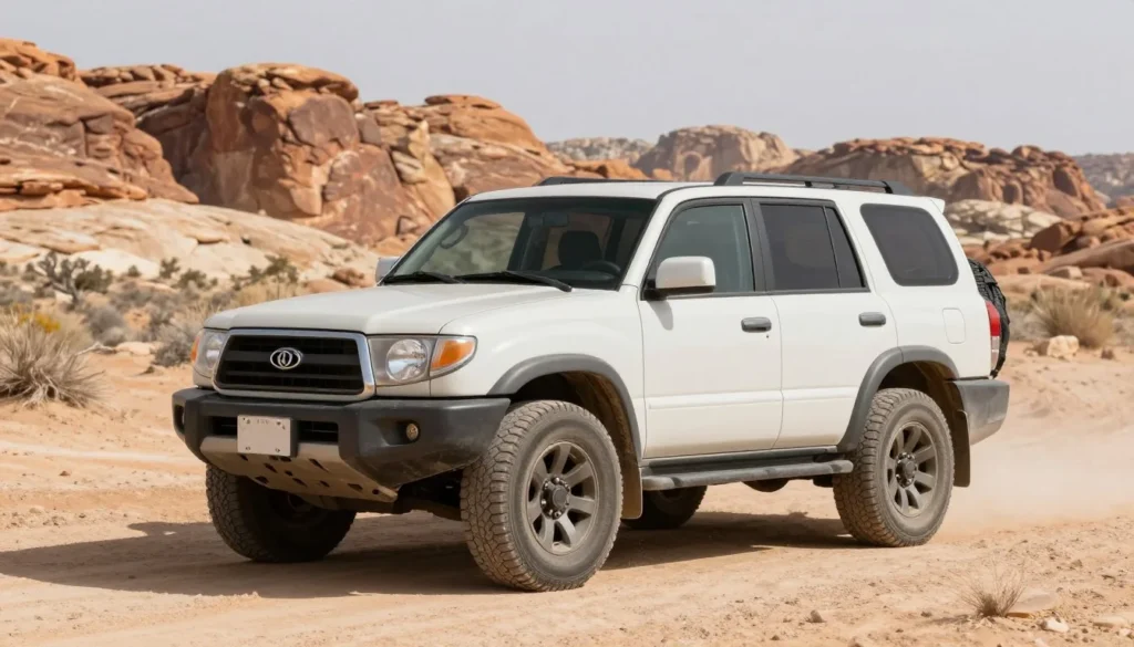 Rugged four-wheel drive vehicle parked on dirt road with Grand Staircase rock formations