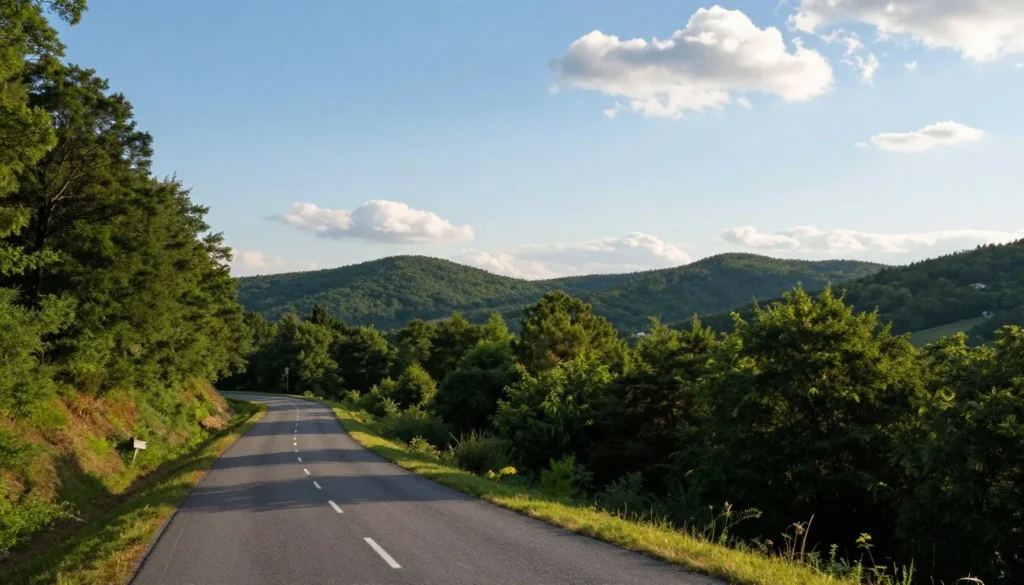 Rural Tennessee highway winding through rolling hills and forests