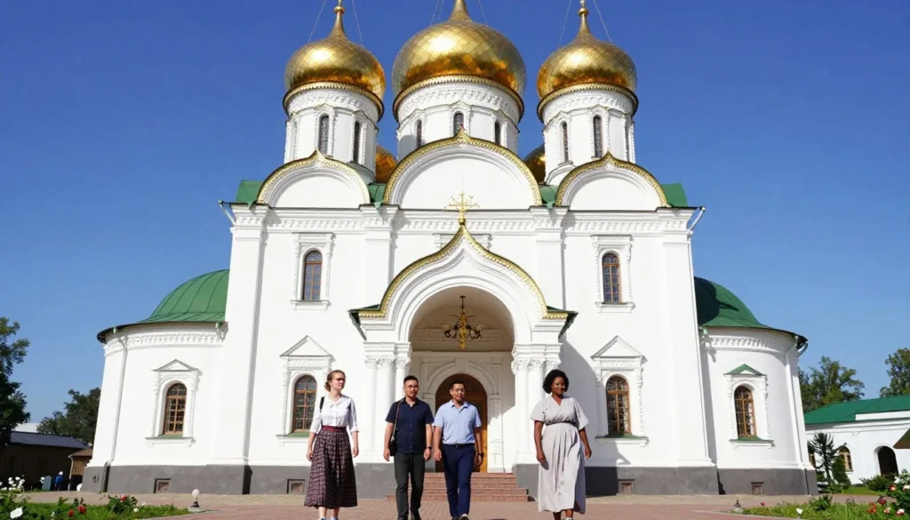 Russian Orthodox church with golden domes and visitors approaching respectfully