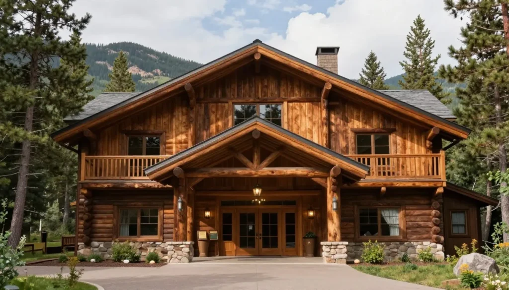 Rustic Colorado mountain lodge exterior with forest surroundings