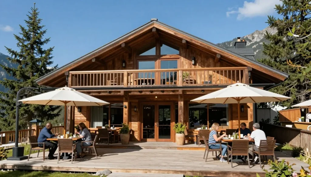 Rustic Colorado mountain town restaurant exterior with outdoor seating Rustic Colorado mountain town restaurant exterior with outdoor seating