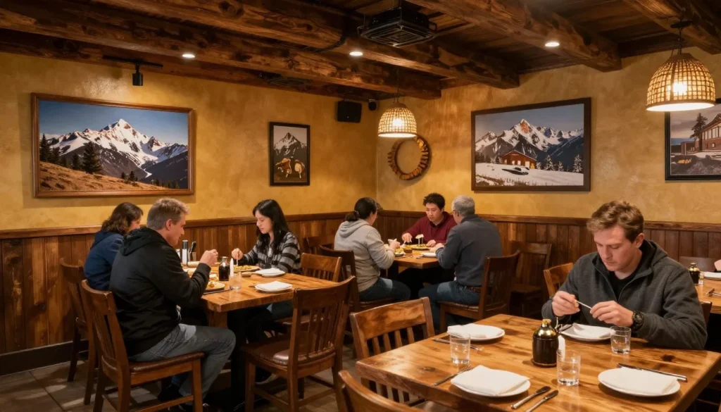 Rustic Colorado restaurant interior with warm atmosphere and mountain dining experience