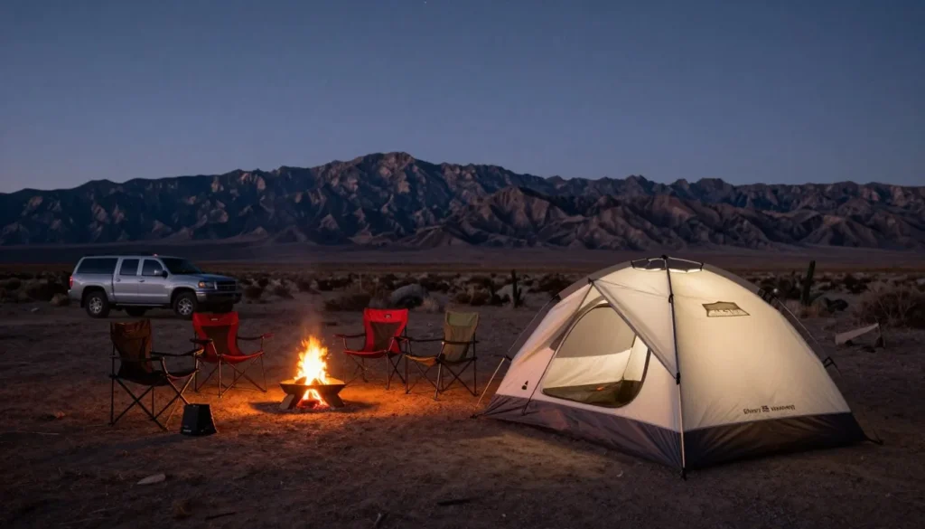 Rustic Nevada backcountry campsite with tent under starry sky