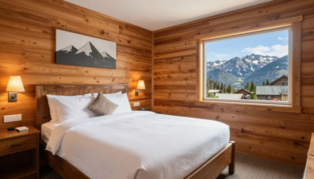 Rustic accommodation room at Orvis Hot Springs with comfortable bed and mountain decor
