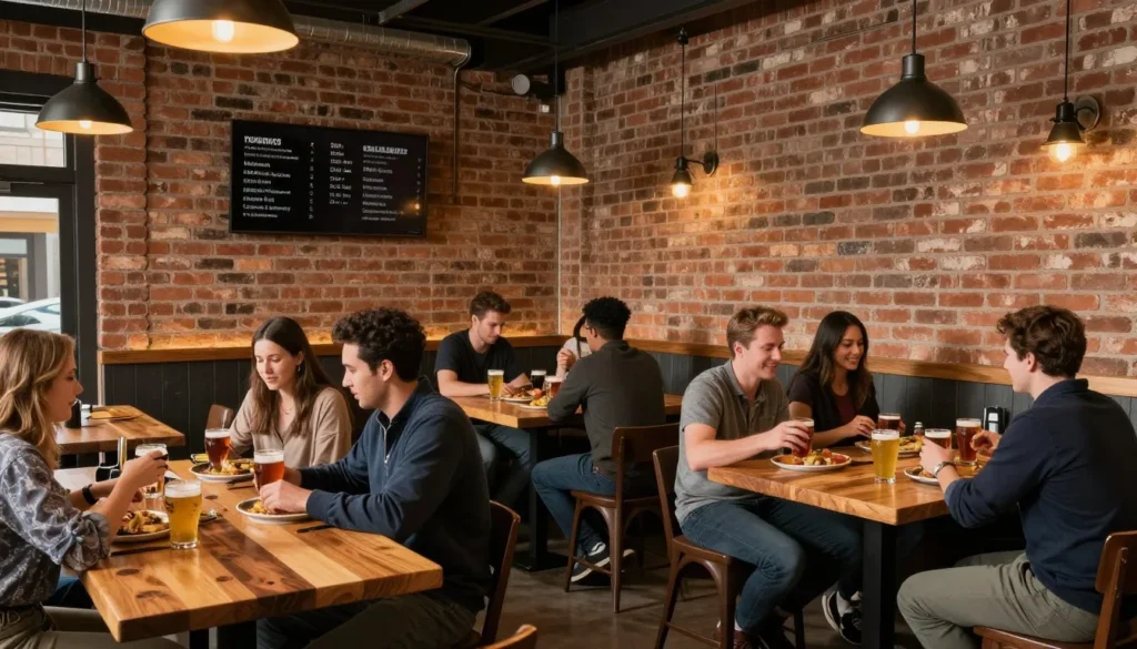 Rustic brewery interior with diverse diners enjoying craft beers and mountain cuisine Rustic brewery interior with diverse diners enjoying craft beers and mountain cuisine