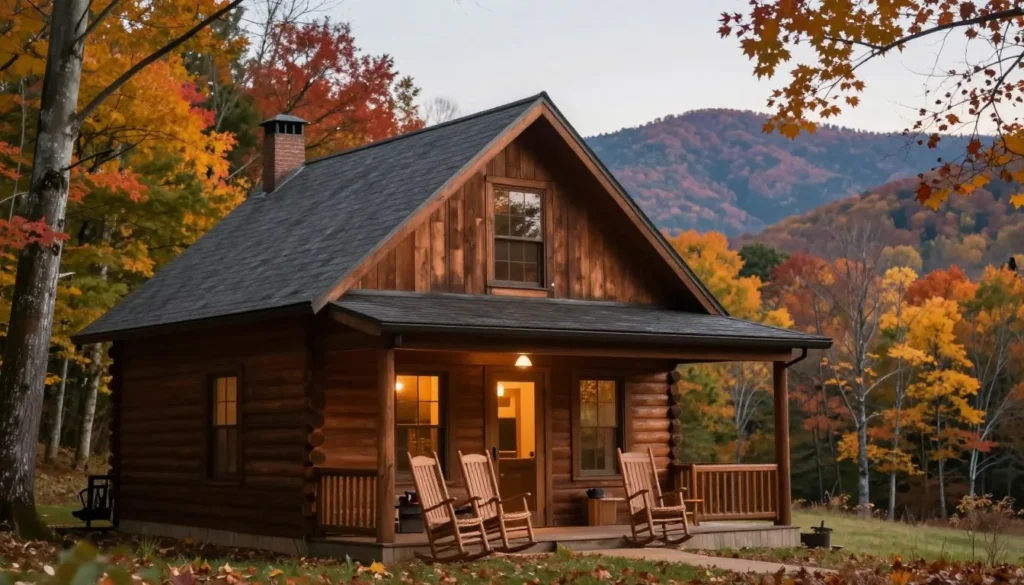 Rustic cabin in Tennessee mountains surrounded by autumn forest