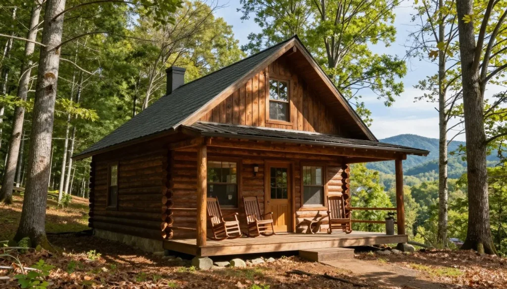 Rustic cabin nestled in Tennessee forest with front porch and mountain views