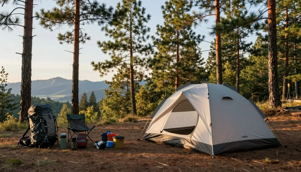 Rustic camping tent setup in Nevada pine forest clearing
