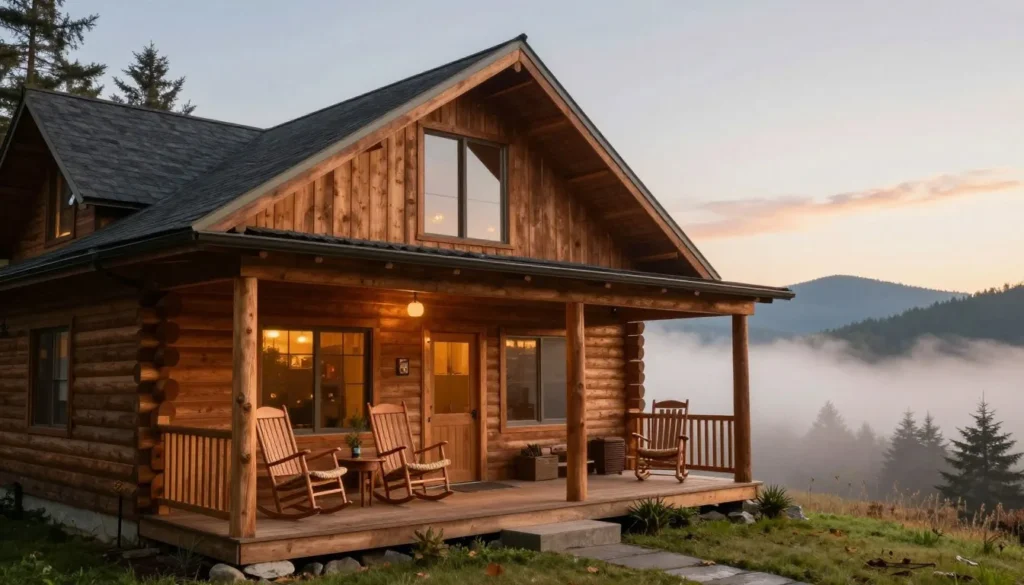 Rustic mountain cabin with wooden porch overlooking misty Smoky Mountains at sunrise Rustic mountain cabin with wooden porch overlooking misty Smoky Mountains at sunrise