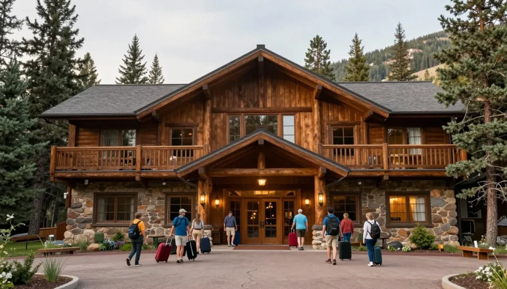 Rustic mountain lodge exterior in Colorado with forest surroundings Rustic mountain lodge exterior in Colorado with forest surroundings
