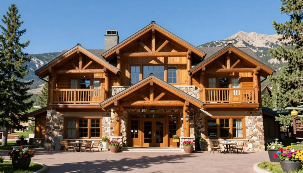Rustic mountain lodge exterior surrounded by pine trees in Colorado