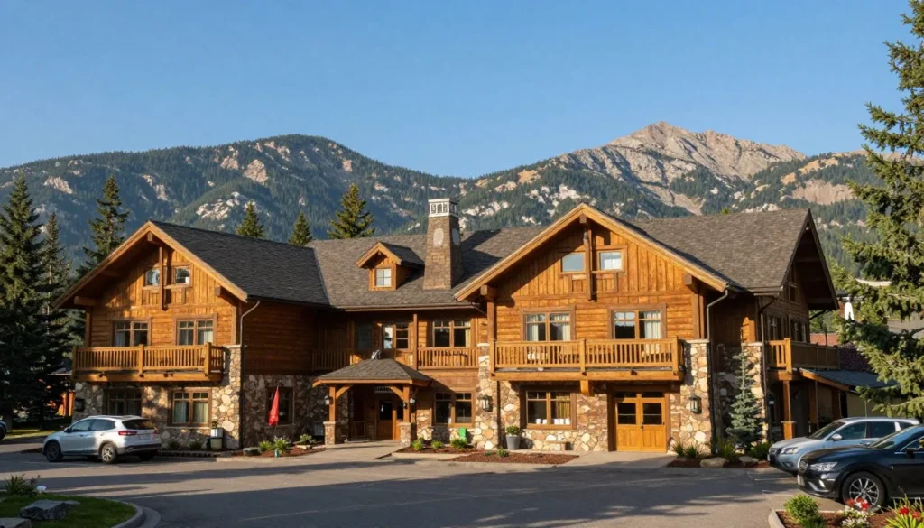 Rustic mountain lodge exterior with stone and wood construction in Colorado valley