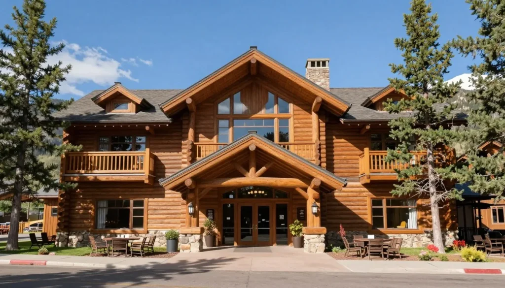 Rustic mountain lodge exterior with wooden architecture surrounded by pine trees