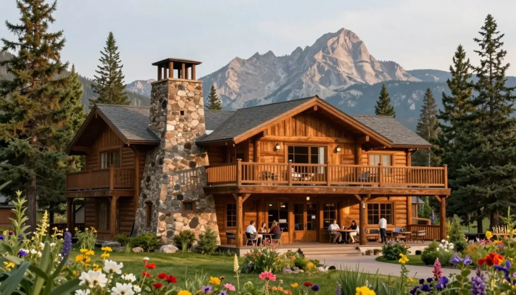 Rustic mountain lodge with log cabin architecture in Colorado forest setting