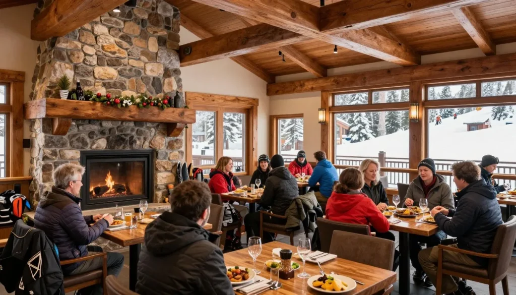 Rustic mountain restaurant interior with stone fireplace and diners enjoying meals after skiing Rustic mountain restaurant interior with stone fireplace and diners enjoying meals after skiing