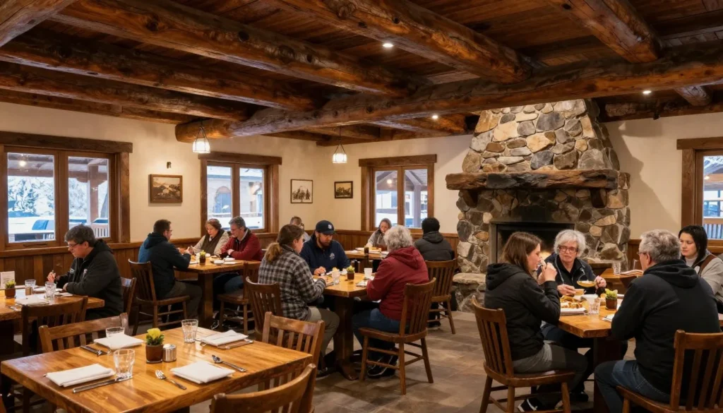 Rustic restaurant interior in Colorado mountain town with wooden tables and tourists enjoying meals in a historic building setting