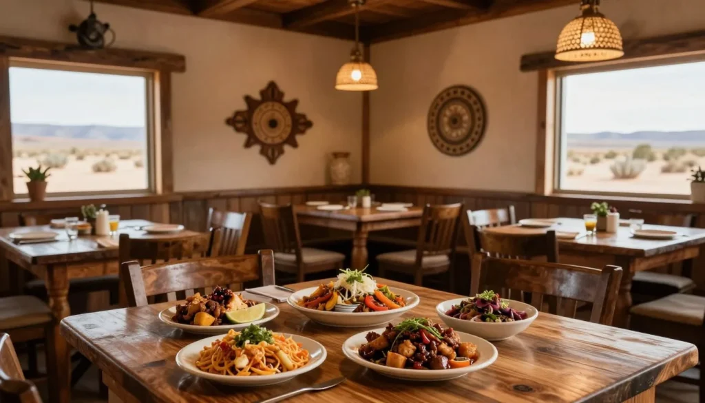 Rustic restaurant interior with Southwestern decor and local cuisine displayed