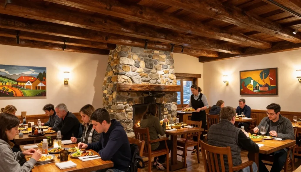 Rustic restaurant interior with mountain lodge atmosphere and Colorado regional cuisine