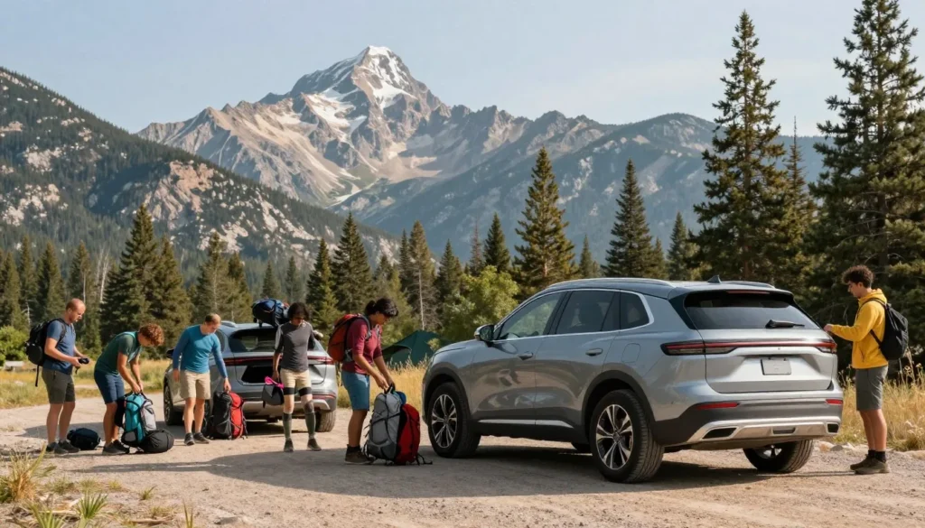 SUV parked at mountain trailhead with diverse hikers preparing for trek