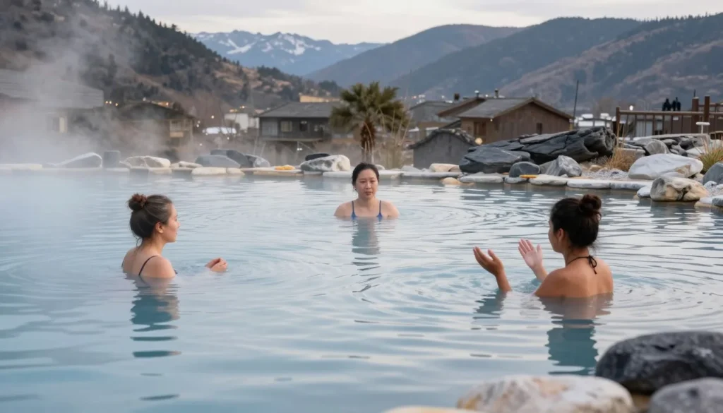 Safe hot springs soaking scene with proper spacing and respectful visitor behavior