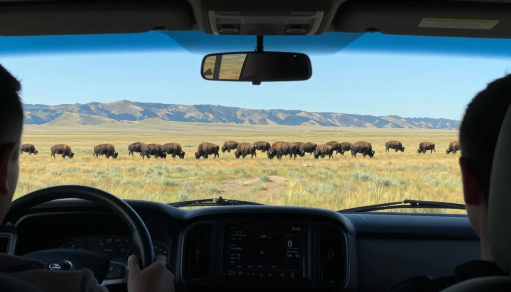Safe wildlife viewing from vehicle at Rocky Mountain Arsenal with bison herd Safe wildlife viewing from vehicle at Rocky Mountain Arsenal with bison herd