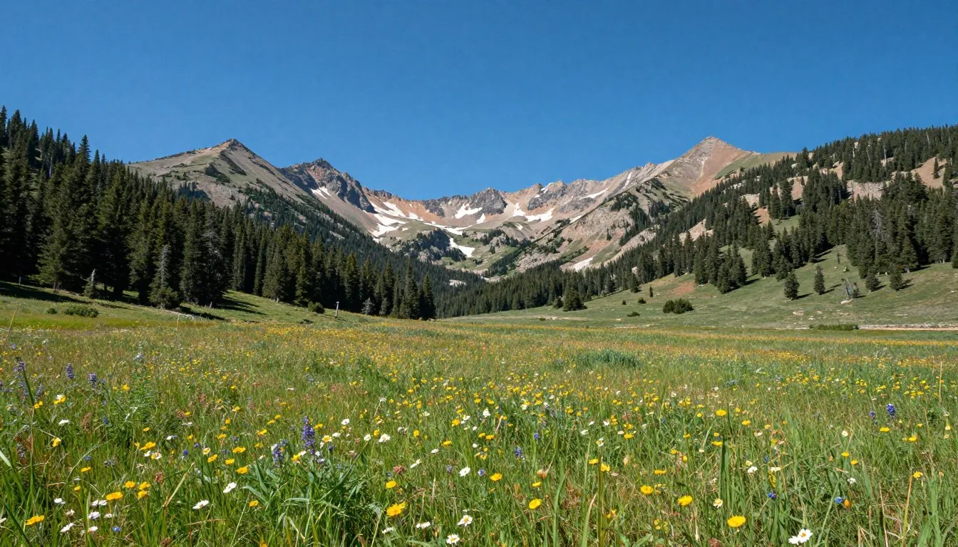 San Juan Mountains landscape with alpine meadows and forest in Colorado