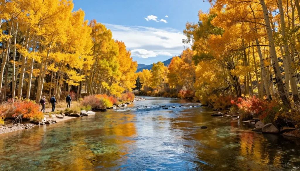 San Miguel River in autumn with golden aspen trees and clear blue water San Miguel River in autumn with golden aspen trees and clear blue water