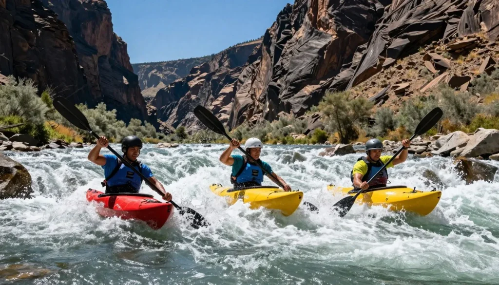 San Miguel River whitewater rapids with kayakers navigating through canyon San Miguel River whitewater rapids with kayakers navigating through canyon