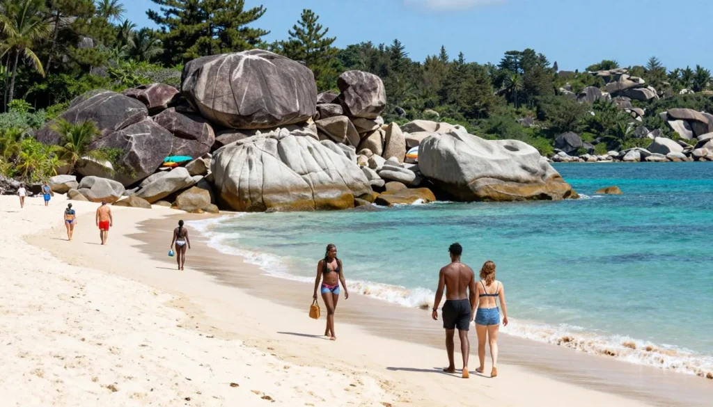 Sand Harbor beach with turquoise waters and granite boulders Sand Harbor beach with turquoise waters and granite boulders