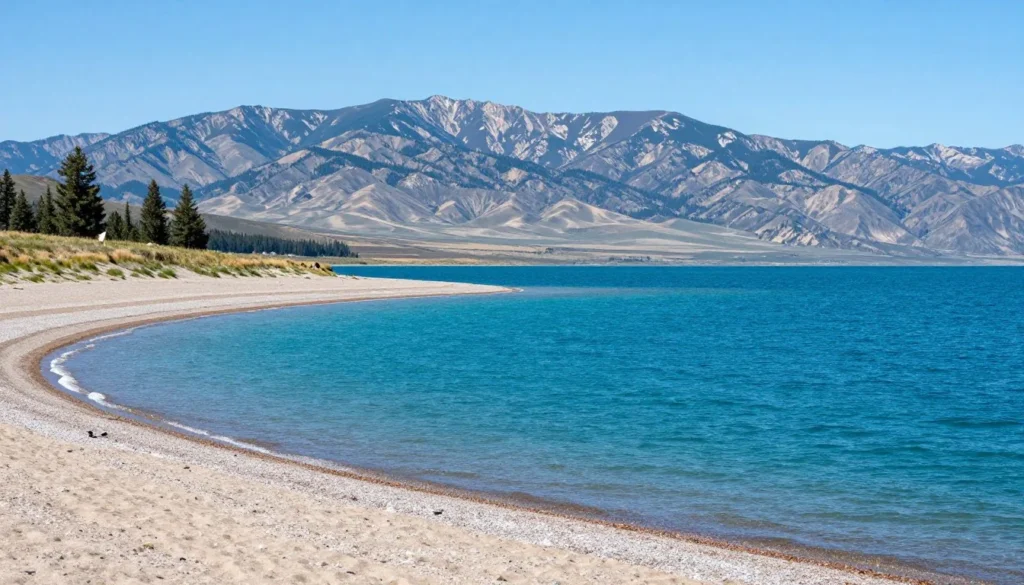 Scenic Bear Lake shoreline with turquoise water and mountain backdrop in Utah Scenic Bear Lake shoreline with turquoise water and mountain backdrop in Utah