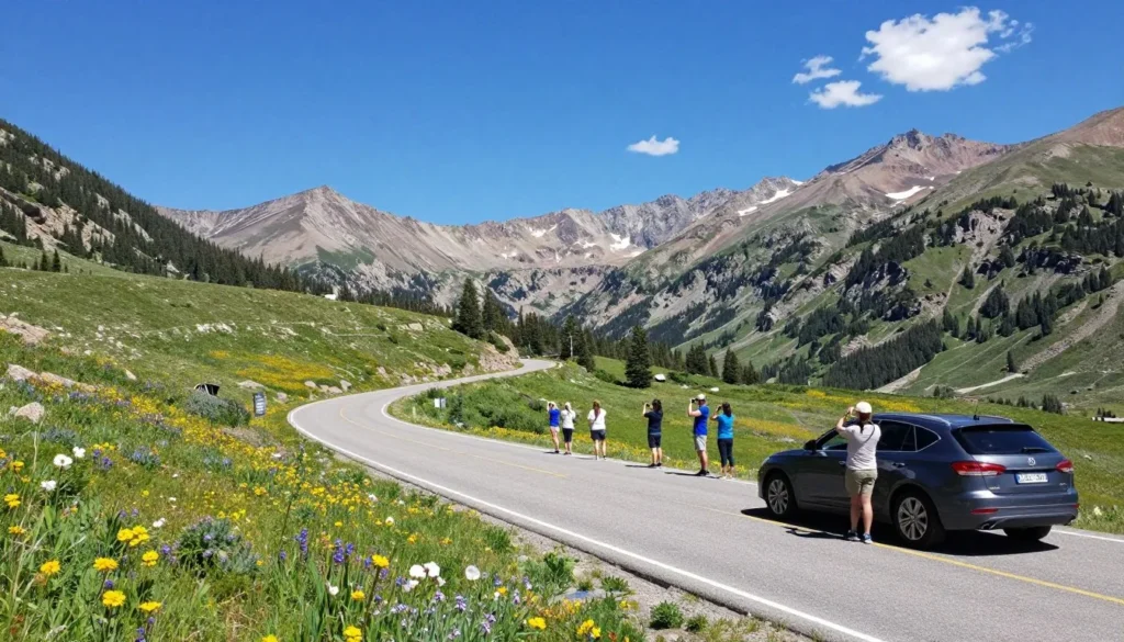 Scenic Cottonwood Pass road with mountain tundra and diverse visitors