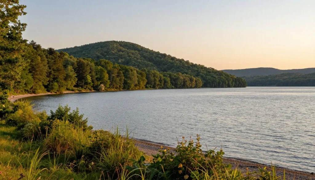 Scenic Kentucky Lake shoreline with wooded hills