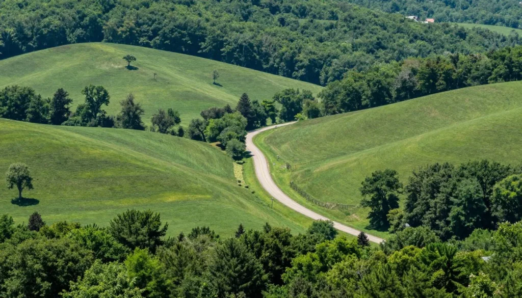 Scenic Tennessee countryside with rolling hills and forests leading to cave area