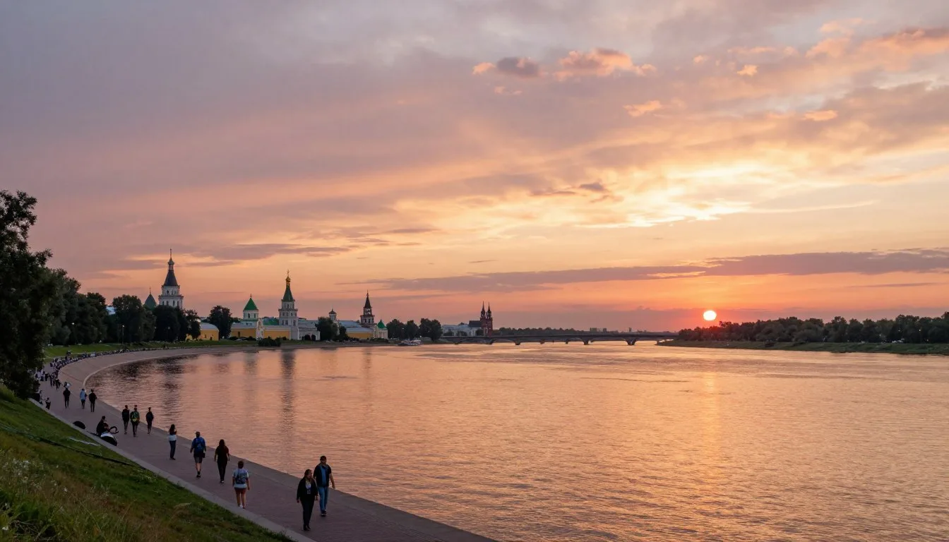 Scenic Volga River view in Ulyanovsk Oblast with historic buildings along waterfront during golden sunset