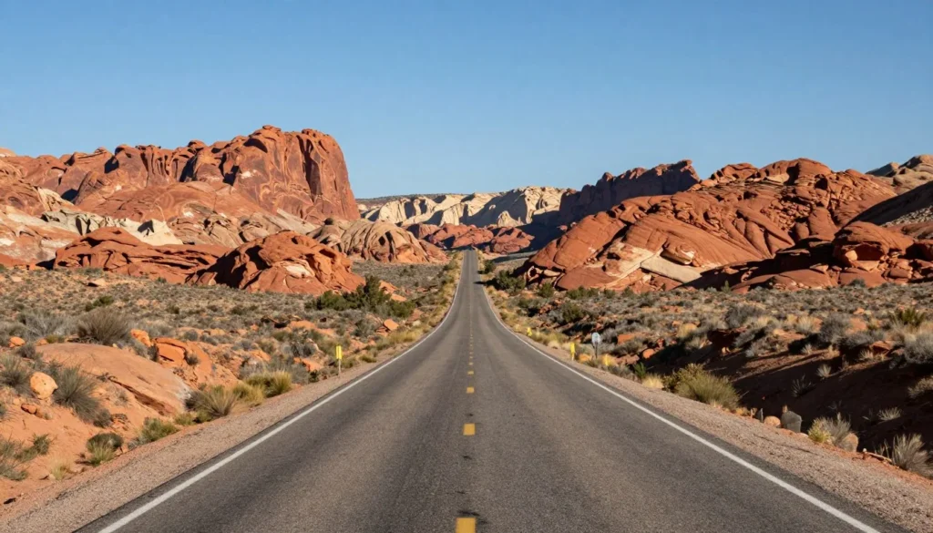 Scenic desert highway approaching Grand Staircase–Escalante with colorful rock formations Scenic desert highway approaching Grand Staircase–Escalante with colorful rock formations
