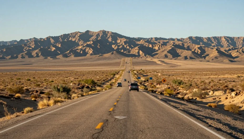 Scenic desert highway approaching Pioche Nevada with mountain ranges in distance