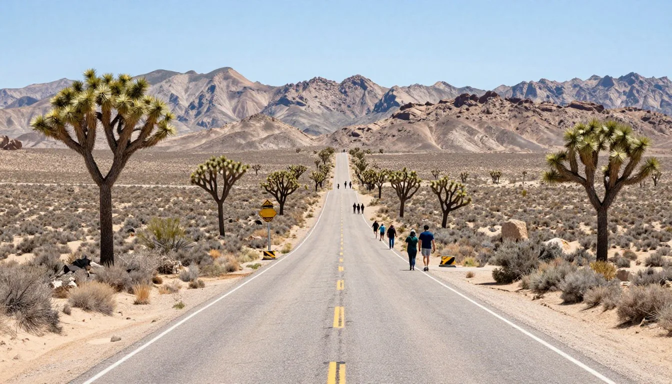 Scenic desert highway approaching Rhyolite with mountains and sagebrush