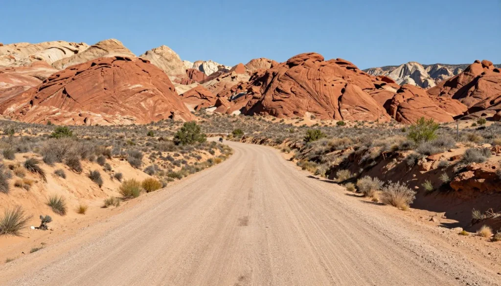Scenic desert road through Gold Butte with red rock formations in background Scenic desert road through Gold Butte with red rock formations in background