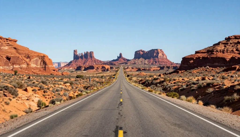 Scenic desert road winding through red rock formations toward Bears Ears buttes