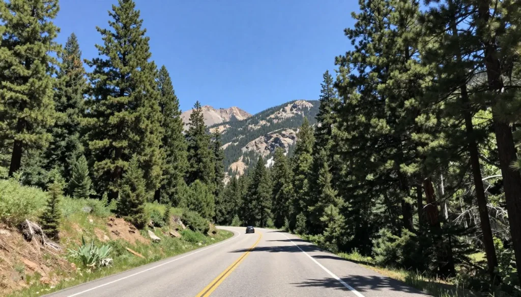 Scenic drive through Humboldt-Toiyabe National Forest with forested mountain slopes and winding road