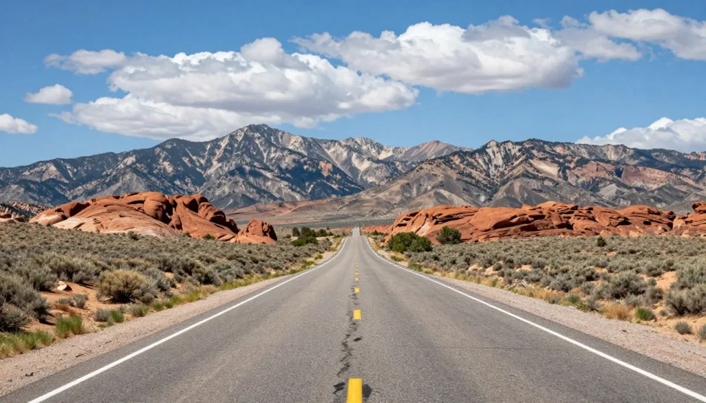 Scenic highway approaching Henry Mountains with desert landscape and mountain peaks in background